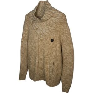 Parish Nation Cardigan Sweater Mens Large Tan Marled Shawl‎ Collar Elbow Patch